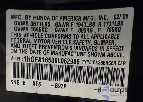 2006 Honda Civic Lx z USA, uszkodzony, nr VIN 1HGFA16536L062985